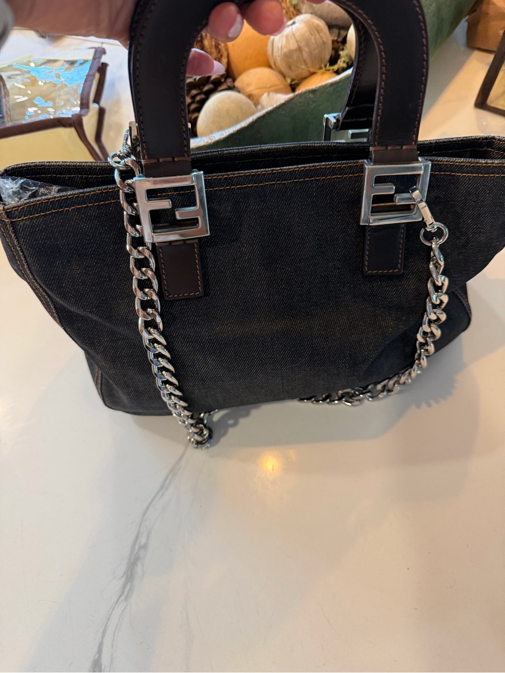 Fendi Blue Black Denim Shoulder Bag with Silver Chain